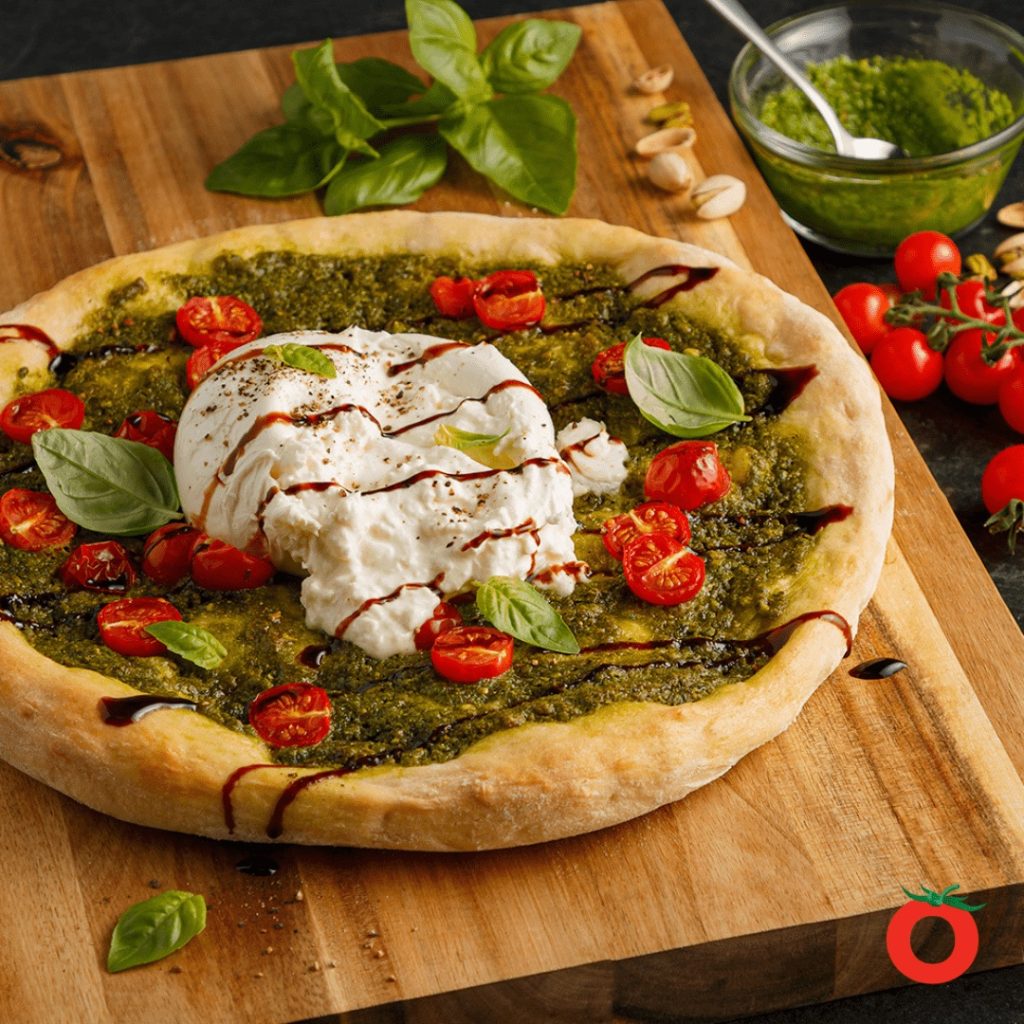 Pizza aux tomates, basilic et burrata