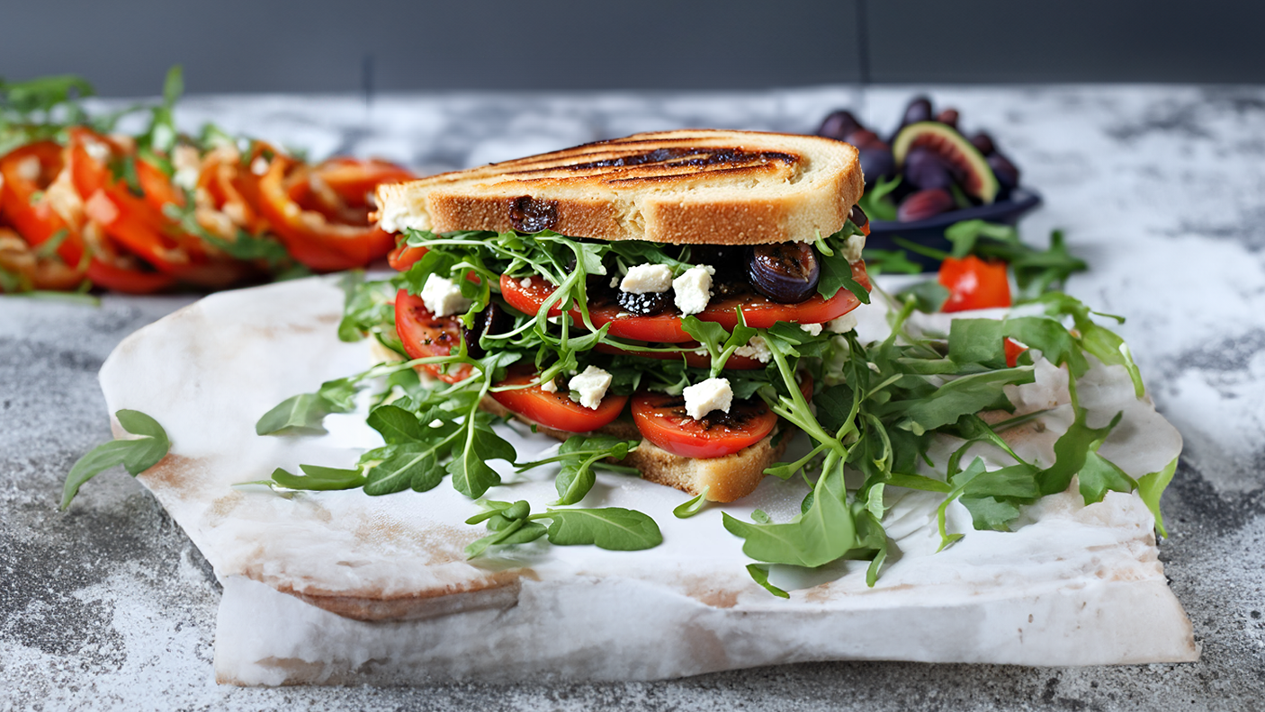 Sandwich grillé aux tomates, aux figues et à la feta aux fines herbes